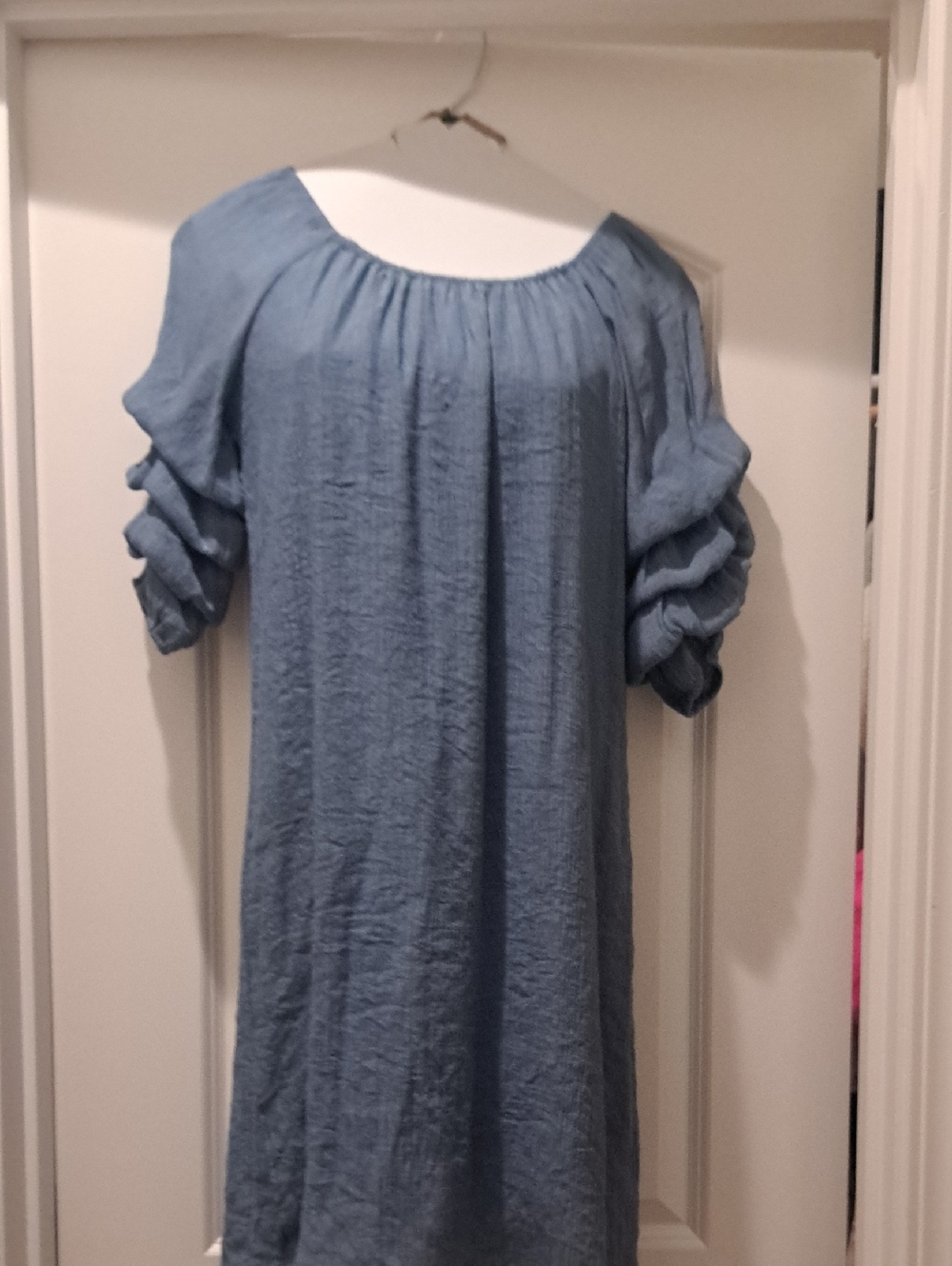 Light Blue Peasant Tunic Dress with Ruched Sleeves